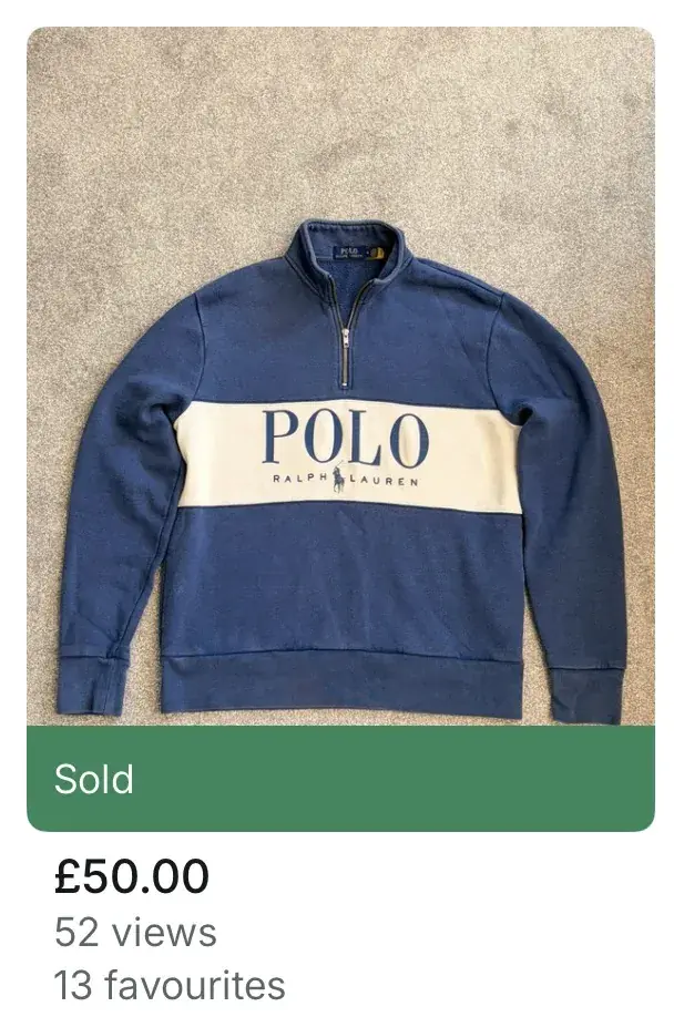 A Polo Ralph Lauren spellout quarter zip on Vinted, marked Sold at £50