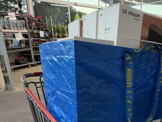 A Costco trolley stacked with boxed LG xboom Bounce speakers